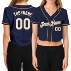 Custom Women's Navy Red-White V-Neck Cropped Baseball Jersey