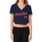 Custom Women's Navy White-Old Gold V-Neck Cropped Baseball Jersey