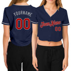 Custom Women's Navy White-Old Gold V-Neck Cropped Baseball Jersey