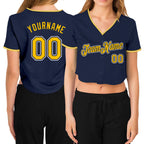 Custom Women's Navy Crimson-Gold V-Neck Cropped Baseball Jersey