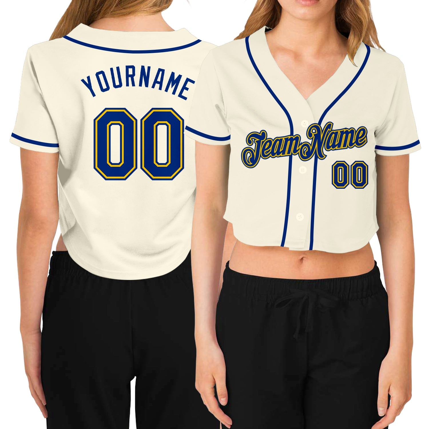 Custom Women's Cream Red-Navy V-Neck Cropped Baseball Jersey