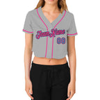 Custom Women's Gray Navy-Orange V-Neck Cropped Baseball Jersey