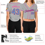 Custom Women's Gray Navy-Orange V-Neck Cropped Baseball Jersey