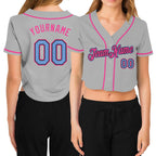 Custom Women's Gray Navy-Orange V-Neck Cropped Baseball Jersey