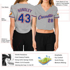 Custom Women's Gray Royal White-Red V-Neck Cropped Baseball Jersey