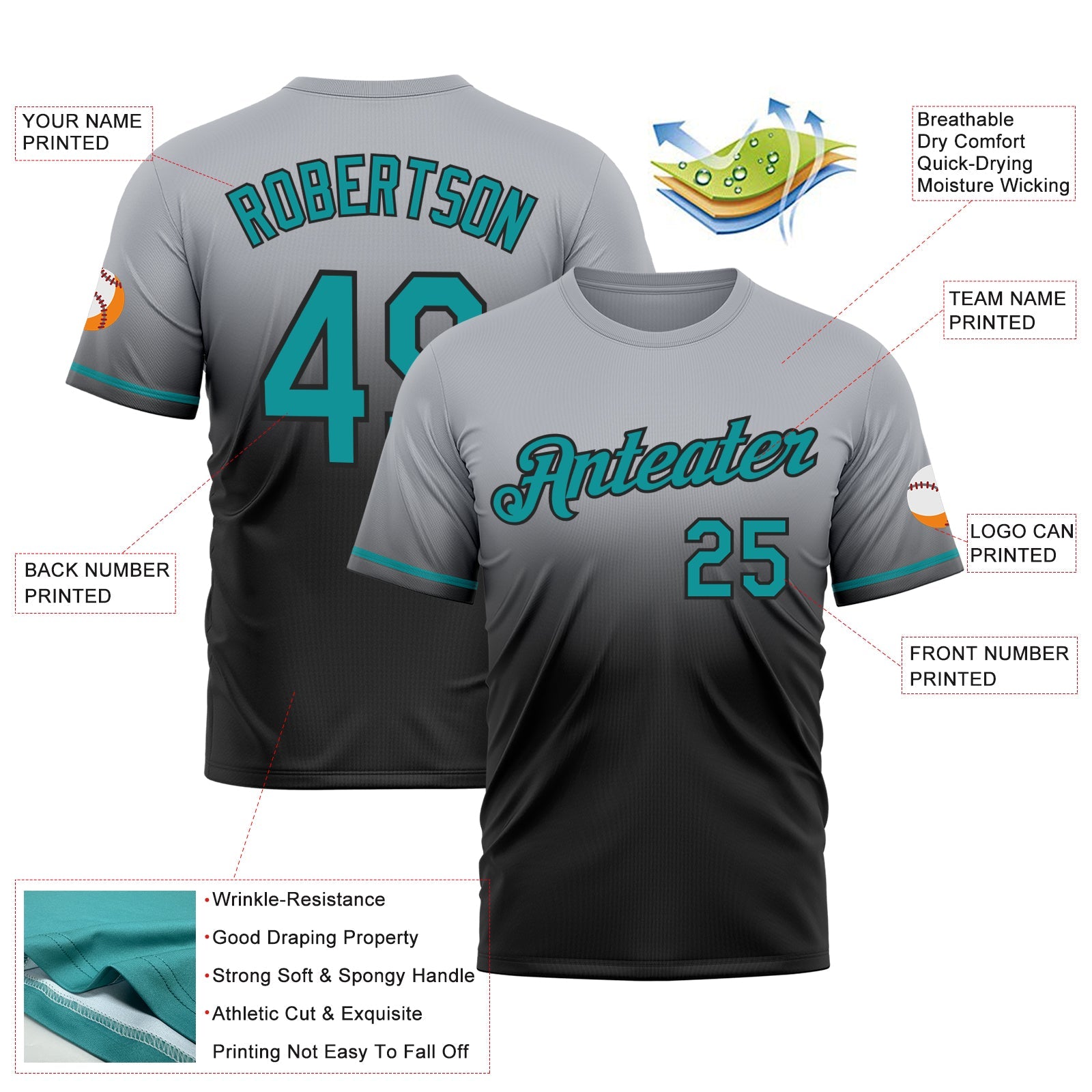 Custom Gray Teal-Black Fade Fashion Performance T-Shirt