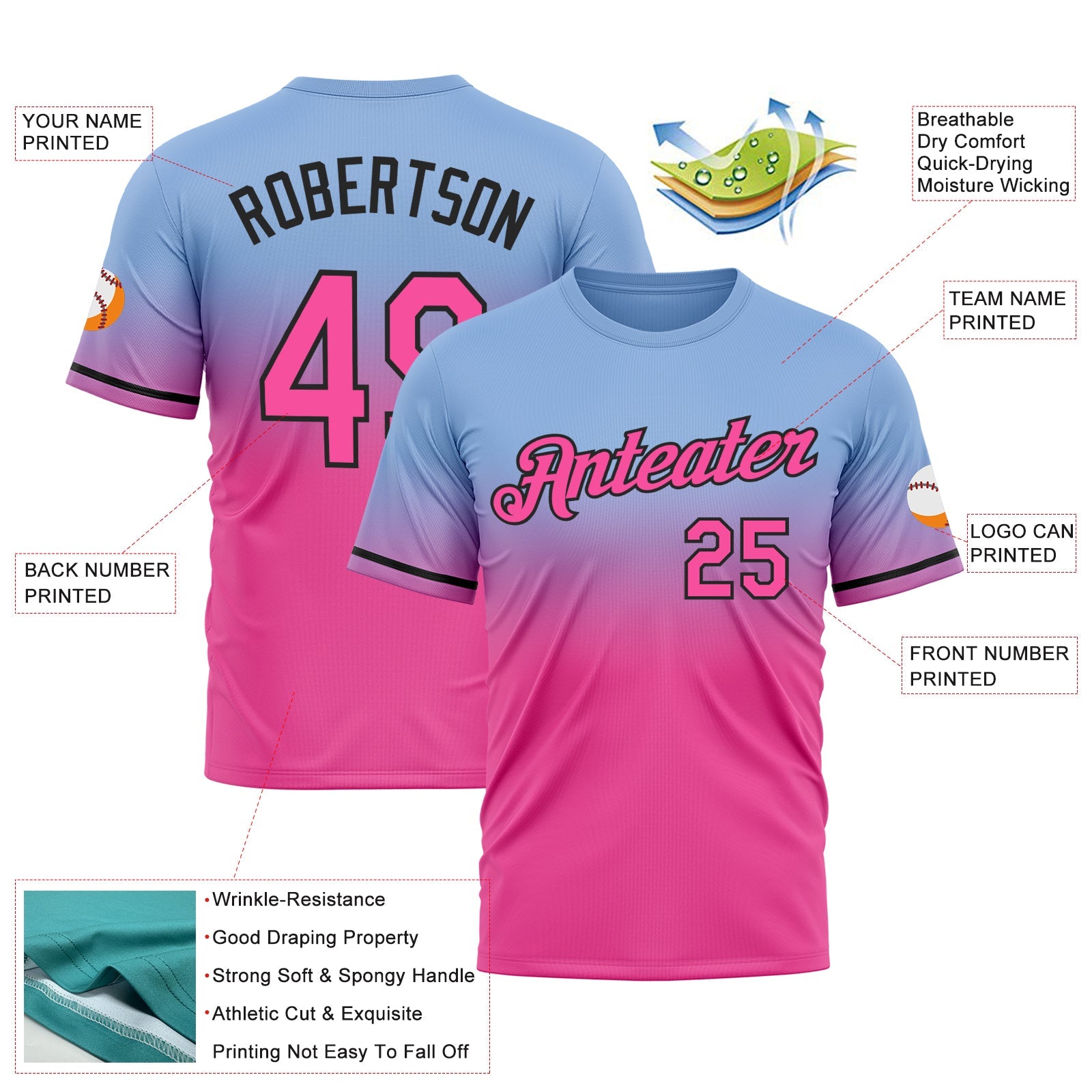 Custom Light Blue Pink-Black Fade Fashion Performance T-Shirt