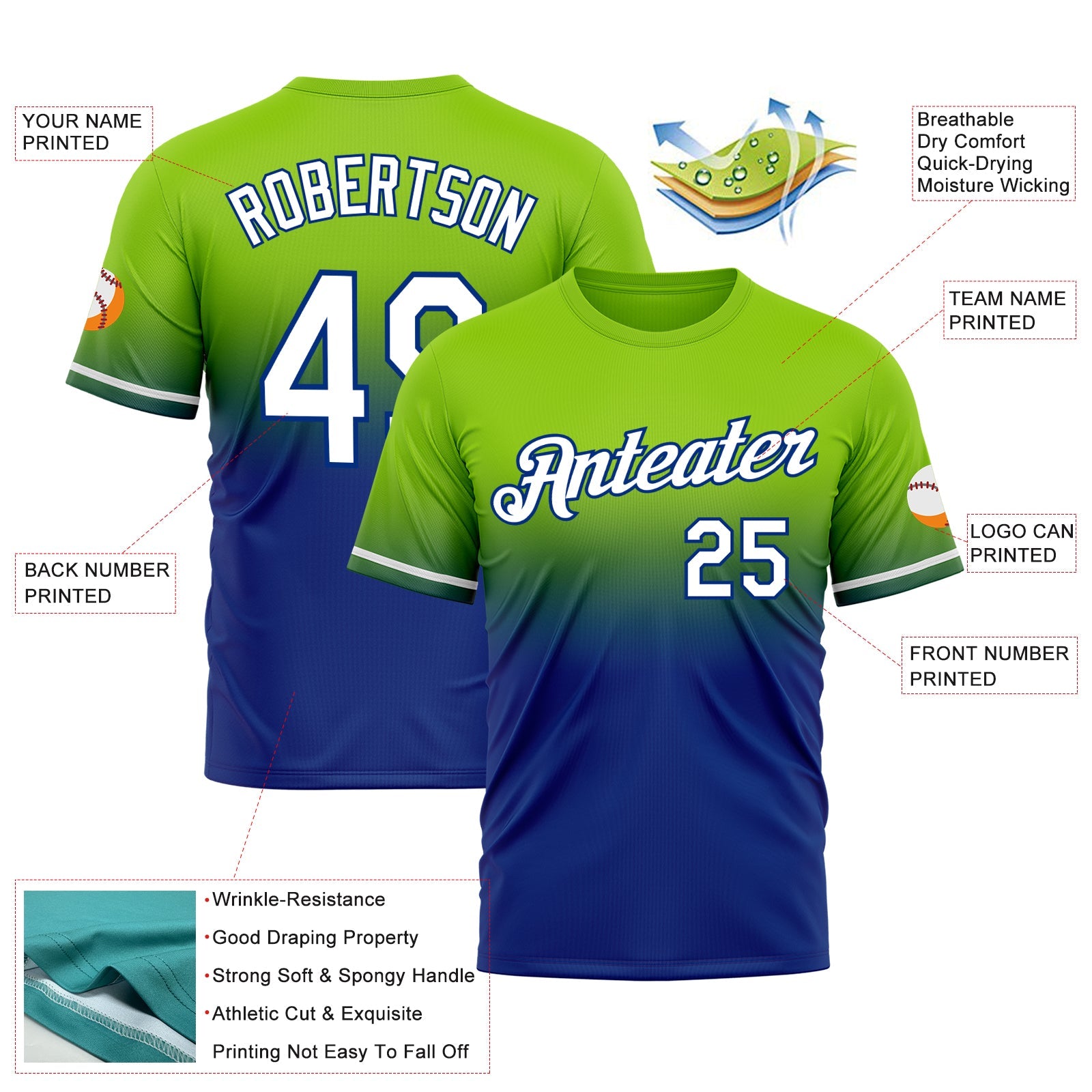 Custom Neon Green White-Royal Fade Fashion Performance T-Shirt