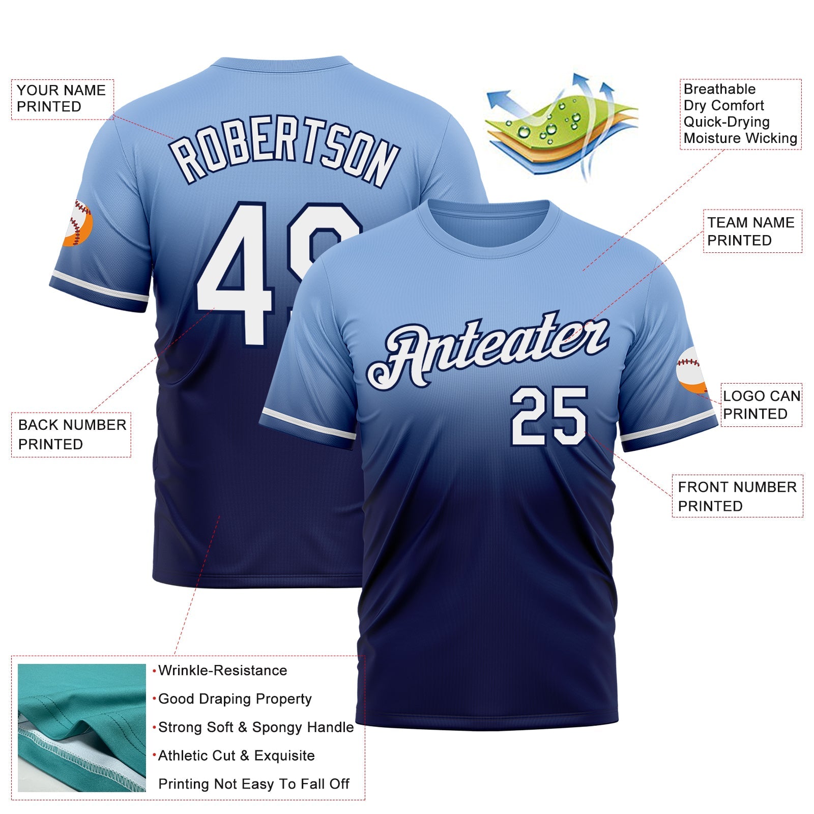 Custom Light Blue White-Navy Fade Fashion Performance T-Shirt