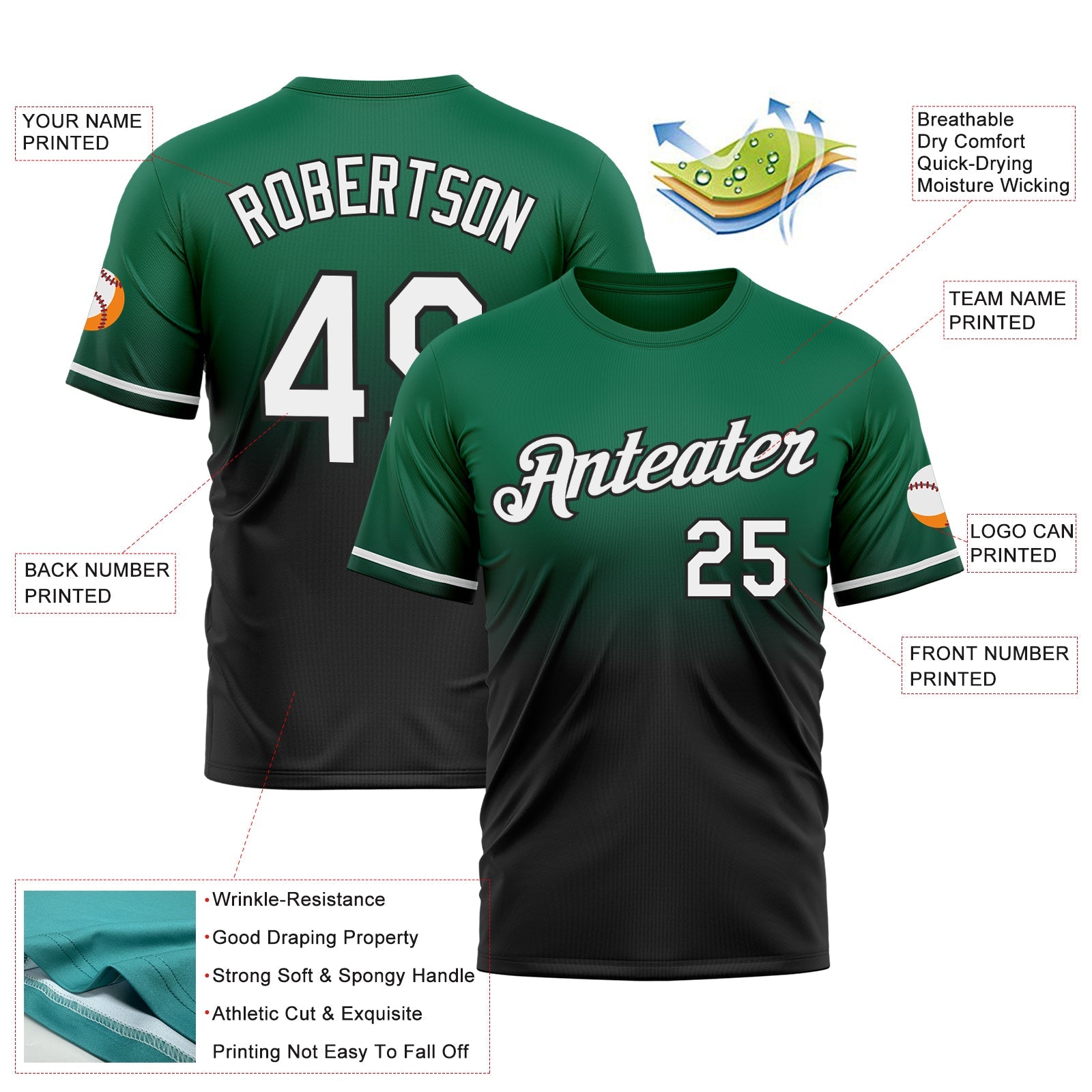 Custom Kelly Green White-Black Fade Fashion Performance T-Shirt