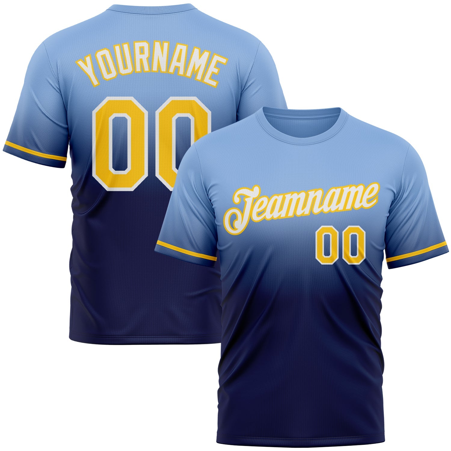 Custom Light Blue Yellow-Navy Fade Fashion Performance T-Shirt