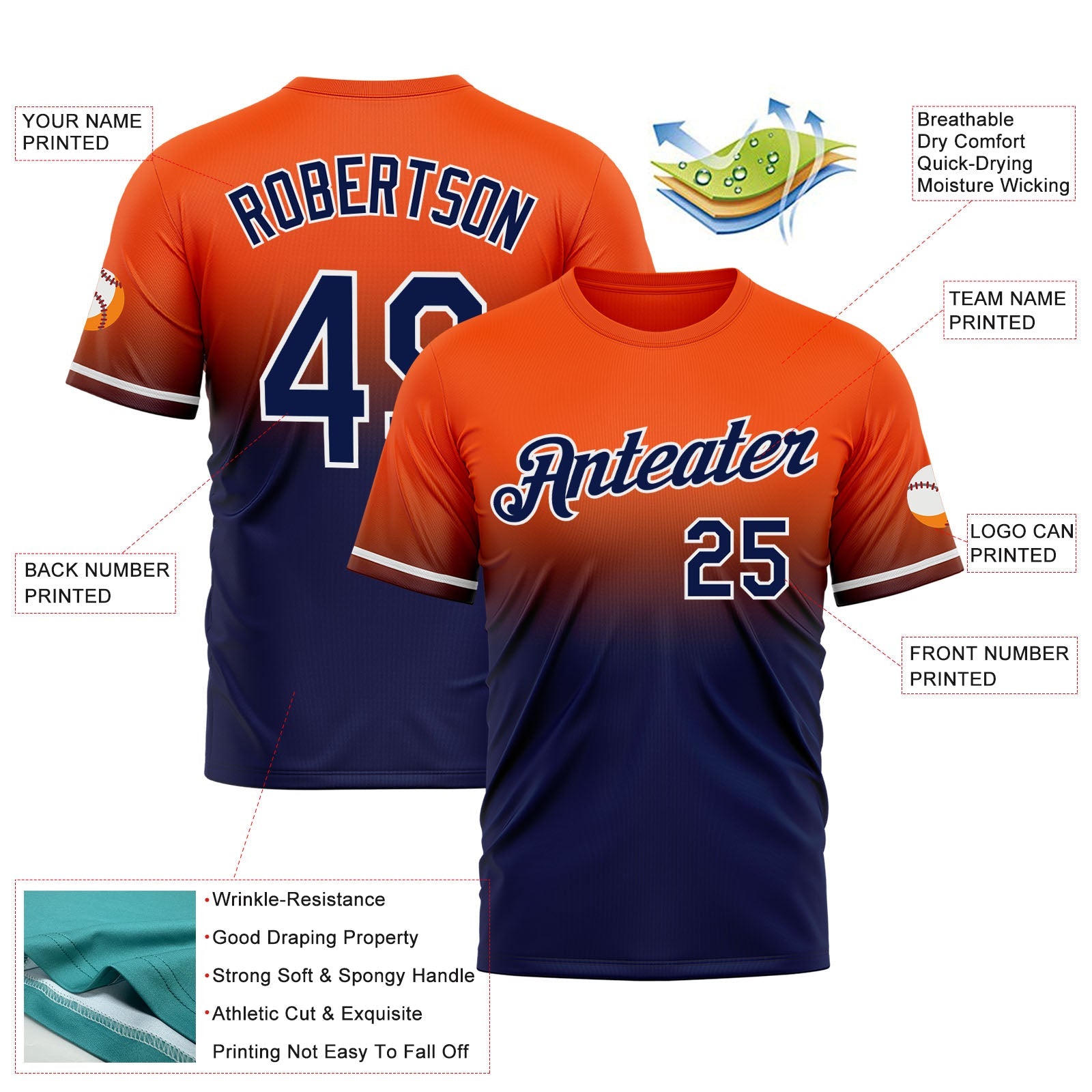 Custom Orange Navy-White Fade Fashion Performance T-Shirt