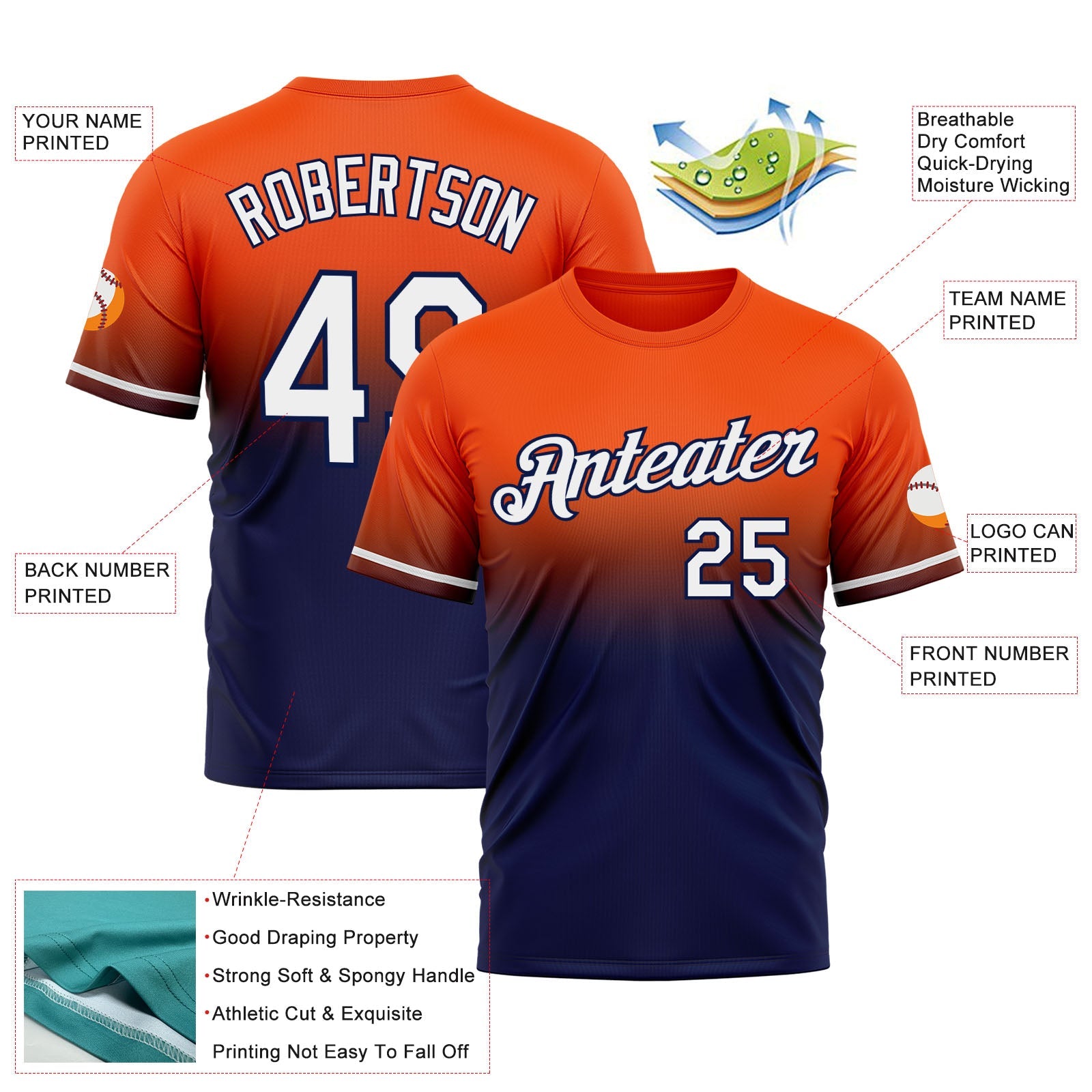 Custom Orange White-Navy Fade Fashion Performance T-Shirt