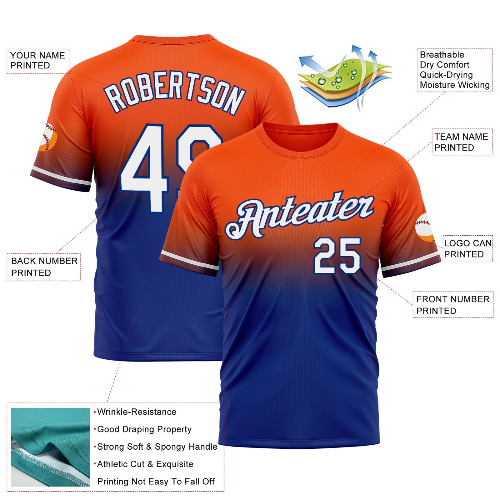 Custom Orange White-Royal Fade Fashion Performance T-Shirt