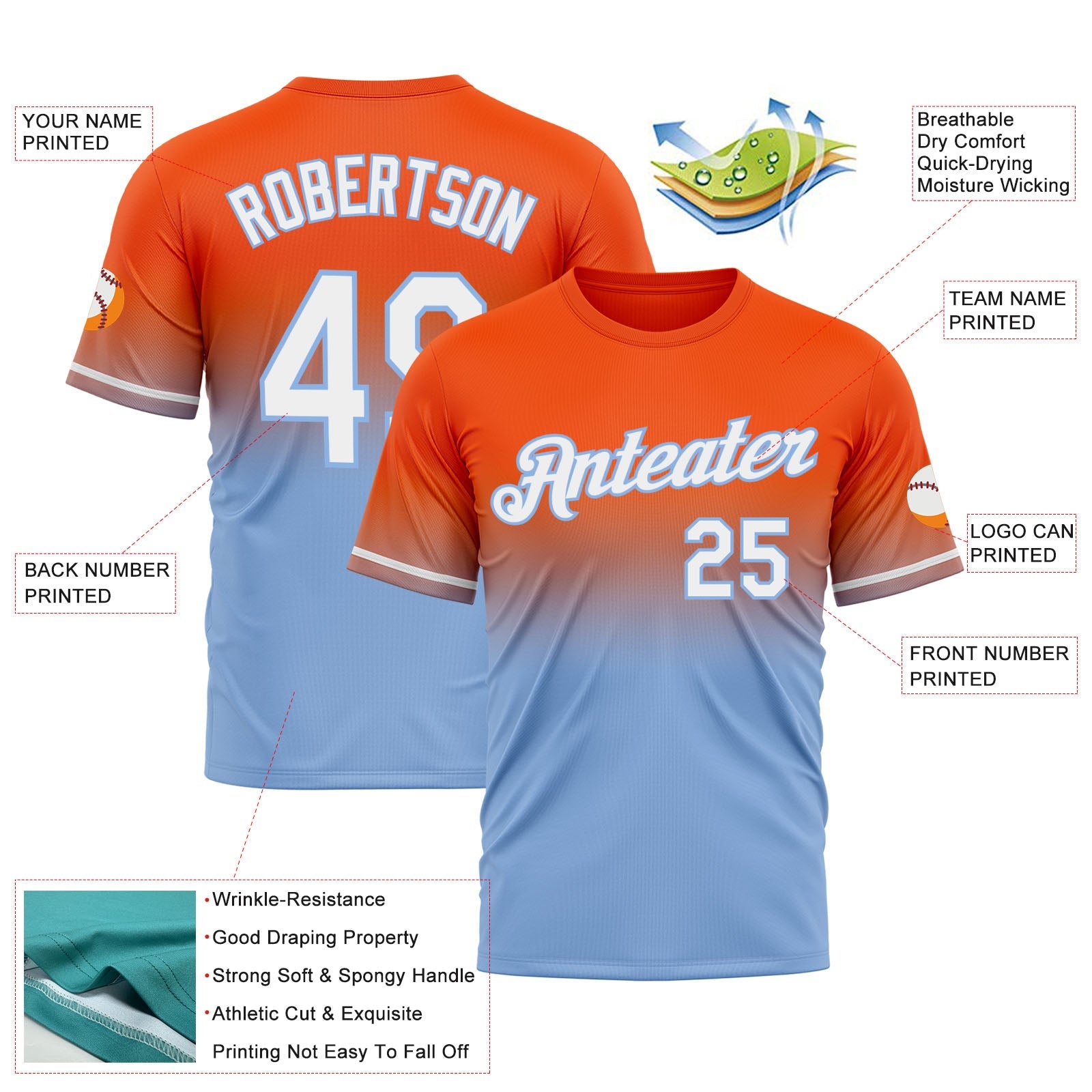 Custom Orange White-Light Blue Fade Fashion Performance T-Shirt