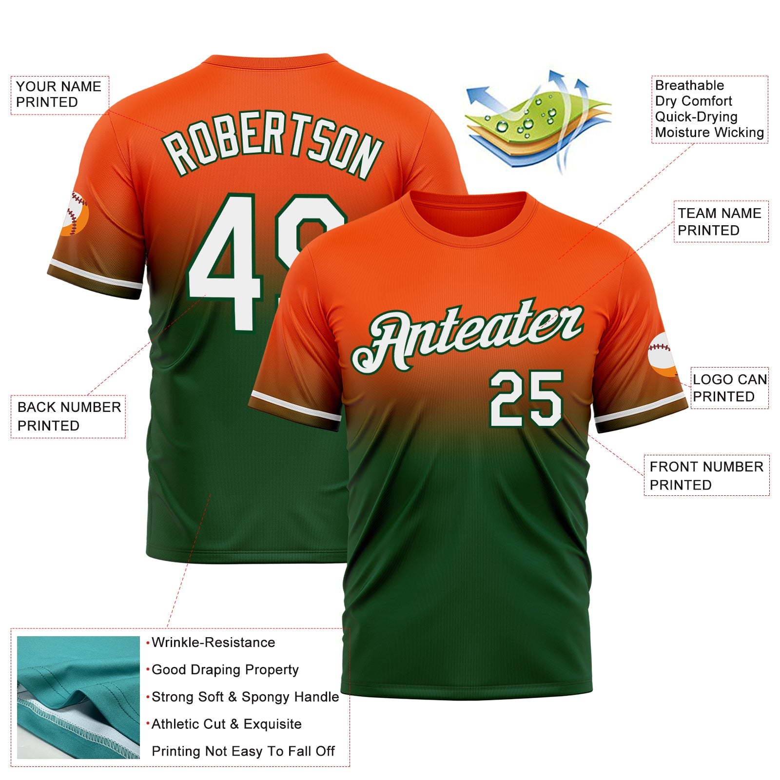 Custom Orange White-Green Fade Fashion Performance T-Shirt