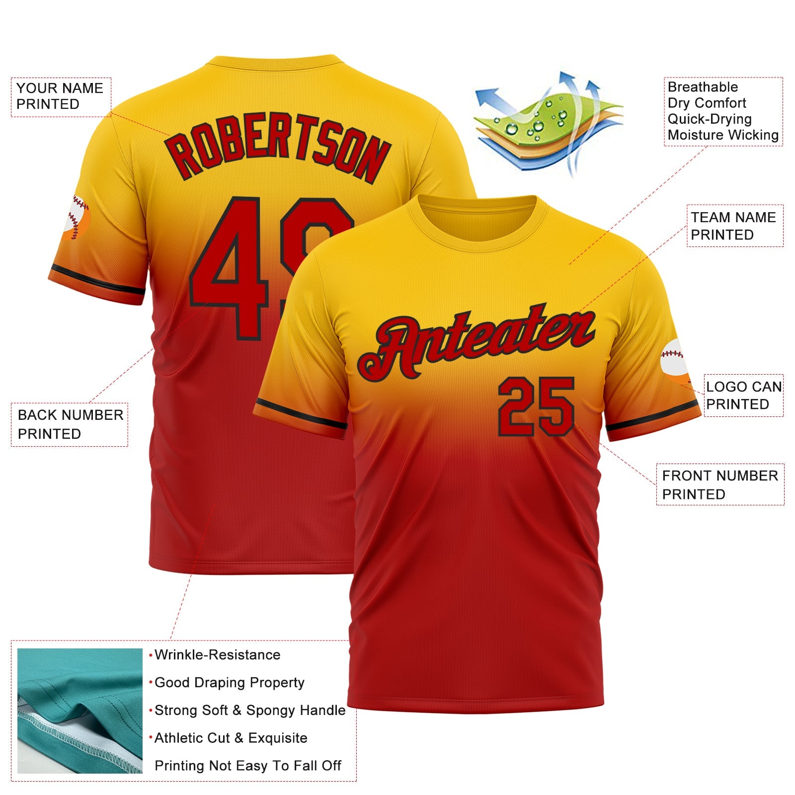 Custom Yellow Red-Black Fade Fashion Performance T-Shirt