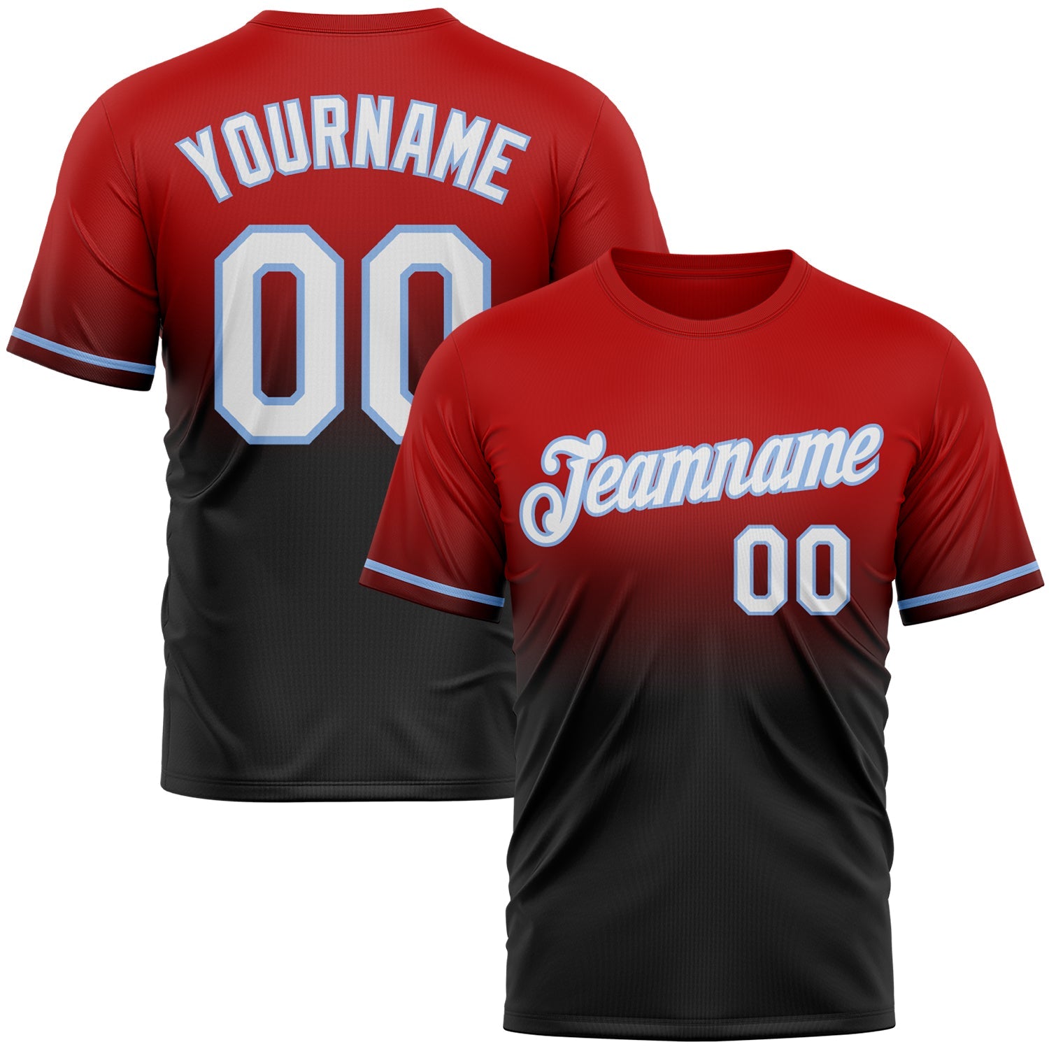 Custom Red Black-Light Blue Fade Fashion Performance T-Shirt