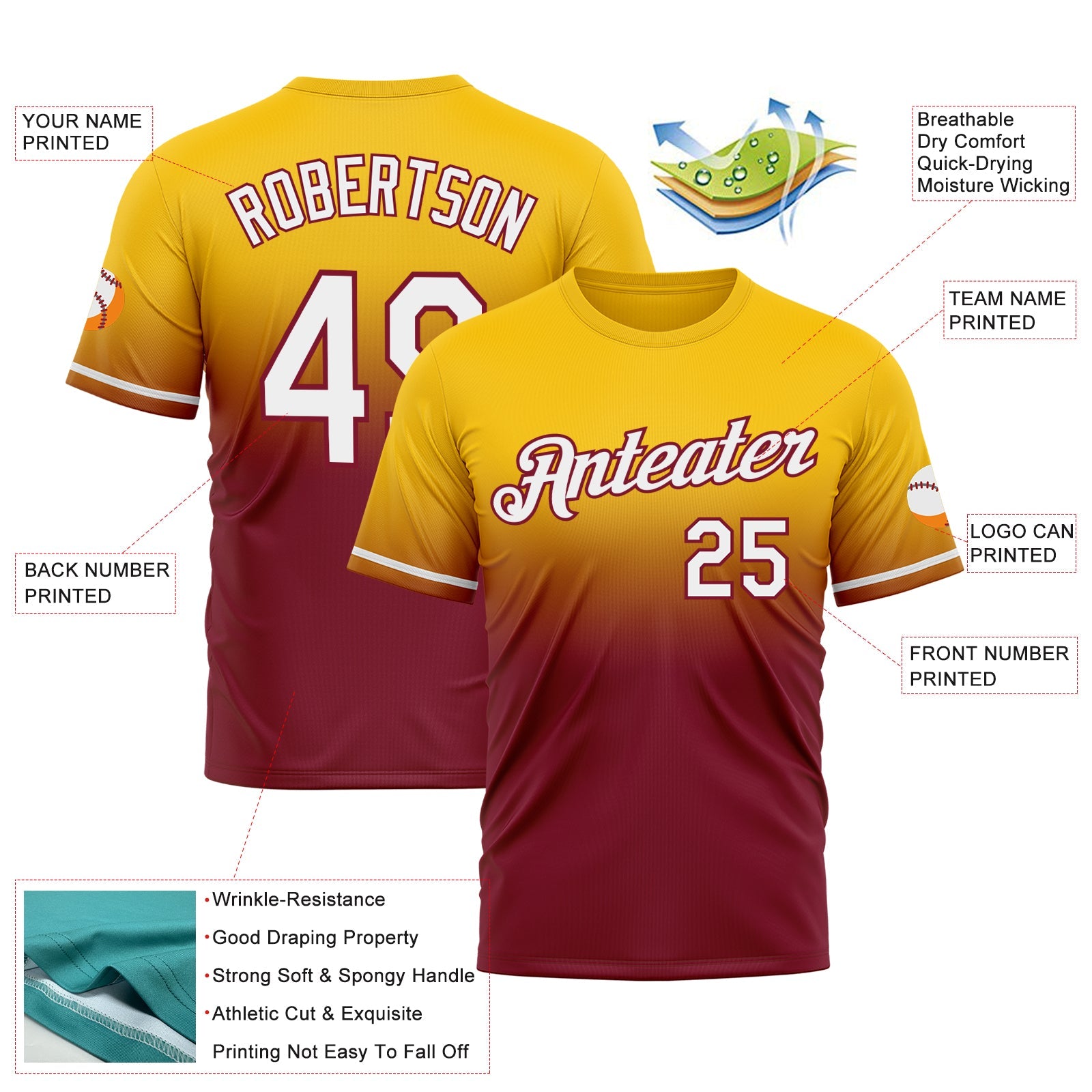 Custom Yellow White-Crimson Fade Fashion Performance T-Shirt