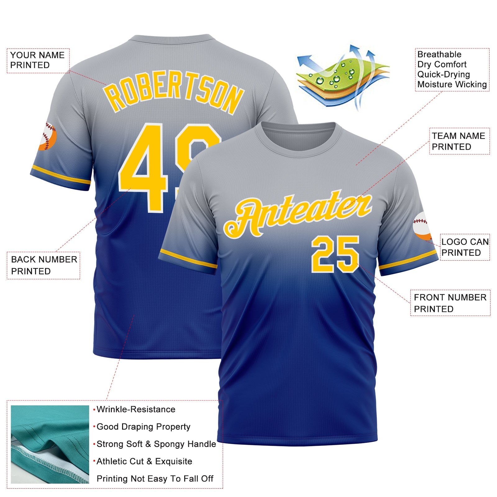 Custom Gray Yellow-Royal Fade Fashion Performance T-Shirt