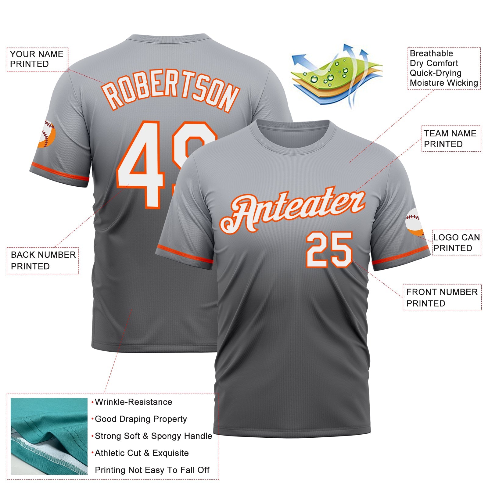 Custom Gray Steel Gray-Orange Fade Fashion Performance T-Shirt