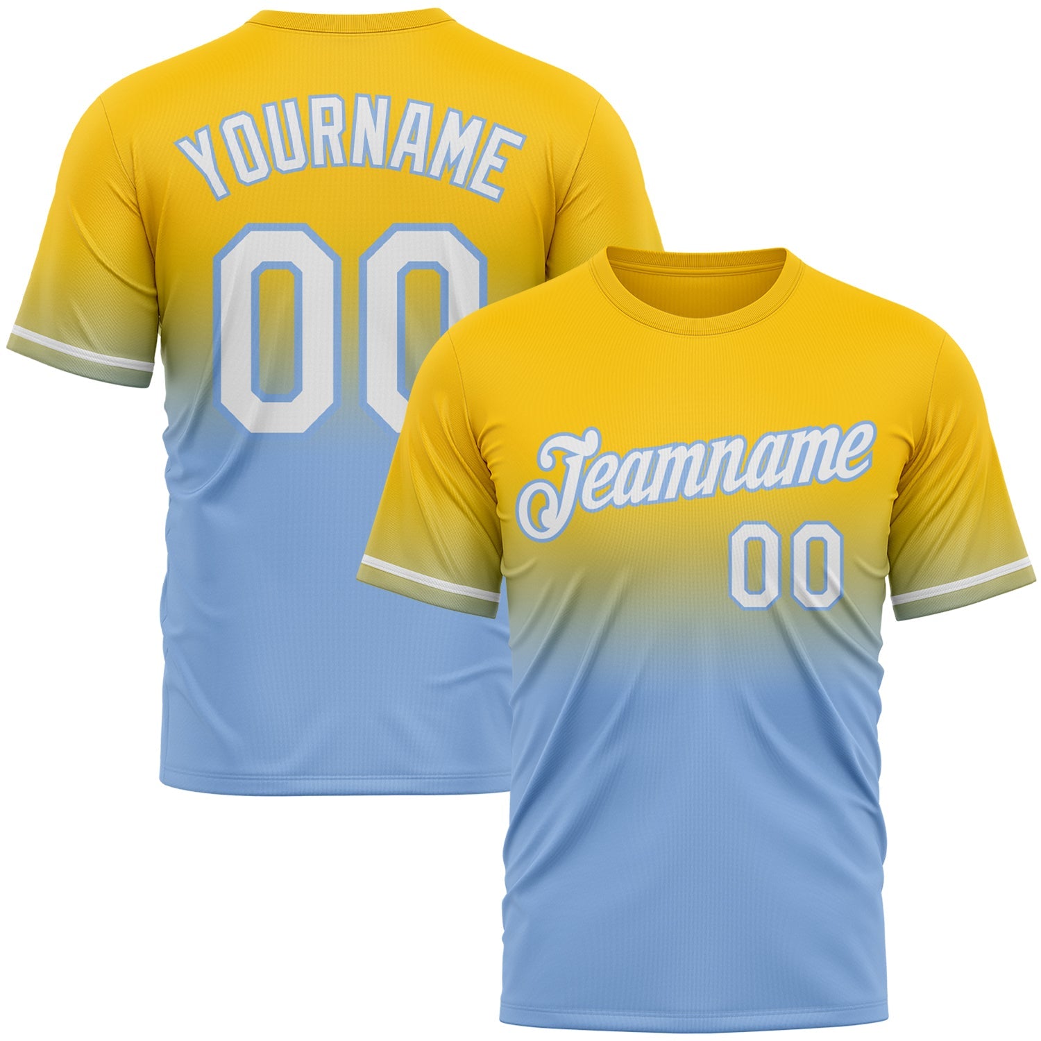 Custom Yellow White-Light Blue Fade Fashion Performance T-Shirt