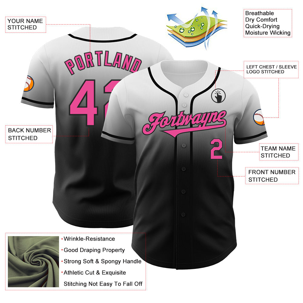 Custom White Pink-Black Authentic Fade Fashion Baseball Jersey