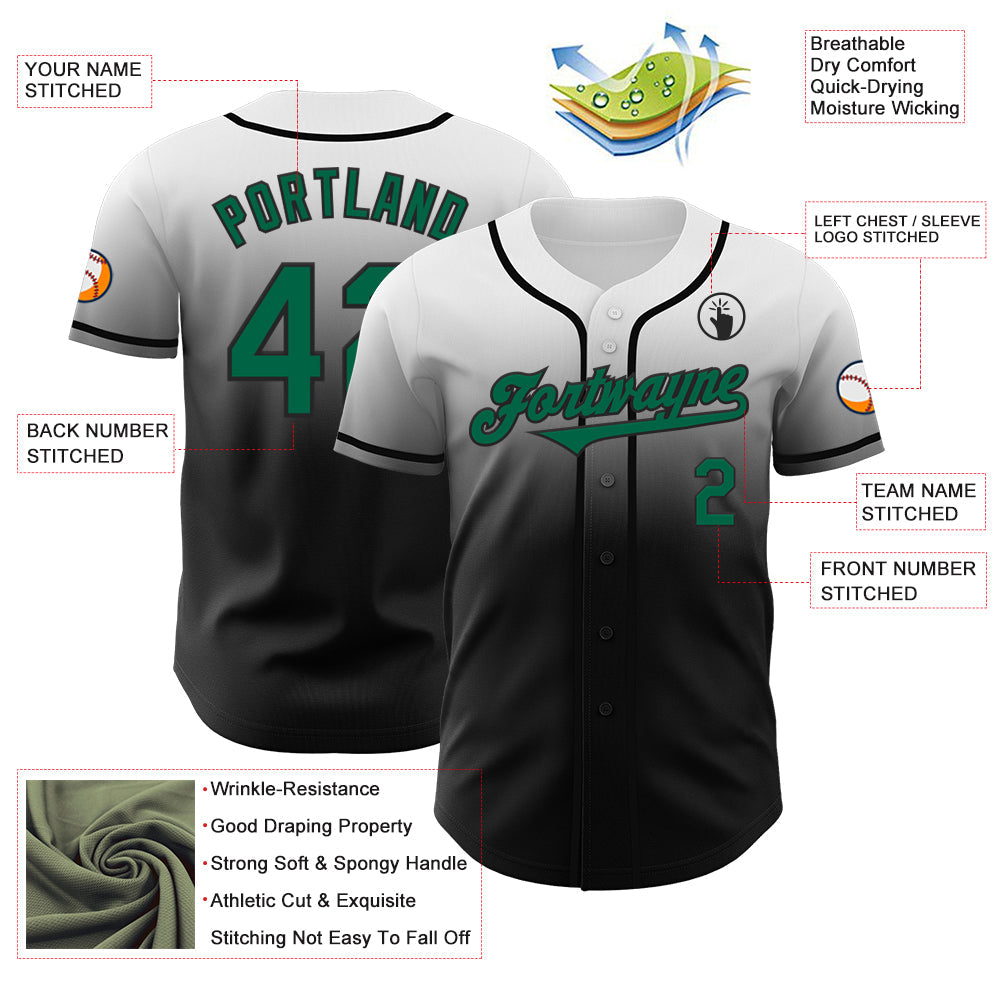 Custom White Kelly Green-Black Authentic Fade Fashion Baseball Jersey