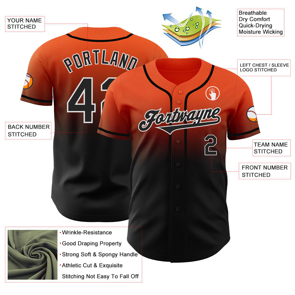 Custom Orange Black-White Authentic Fade Fashion Baseball Jersey
