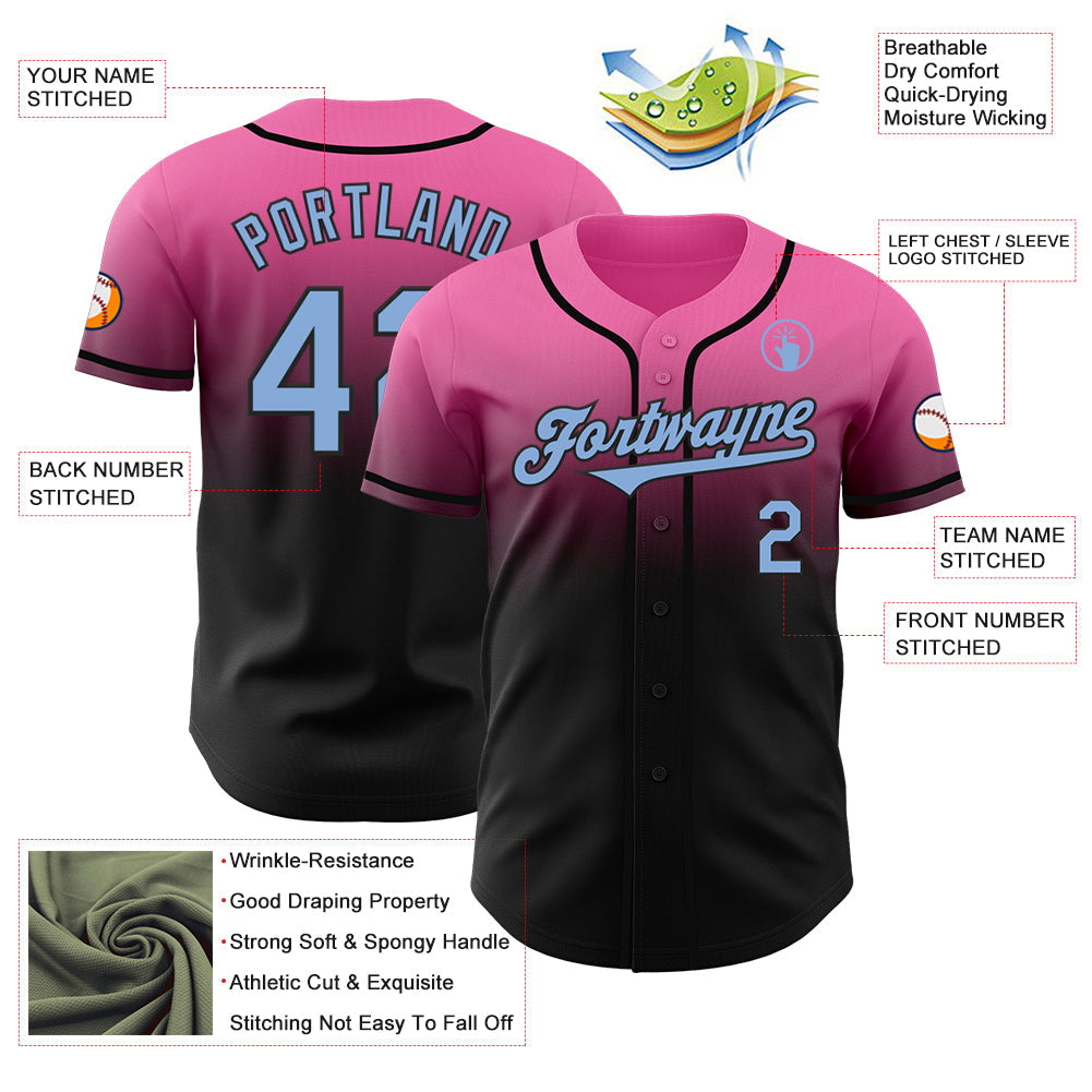 Custom Pink Light Blue-Black Authentic Fade Fashion Baseball Jersey