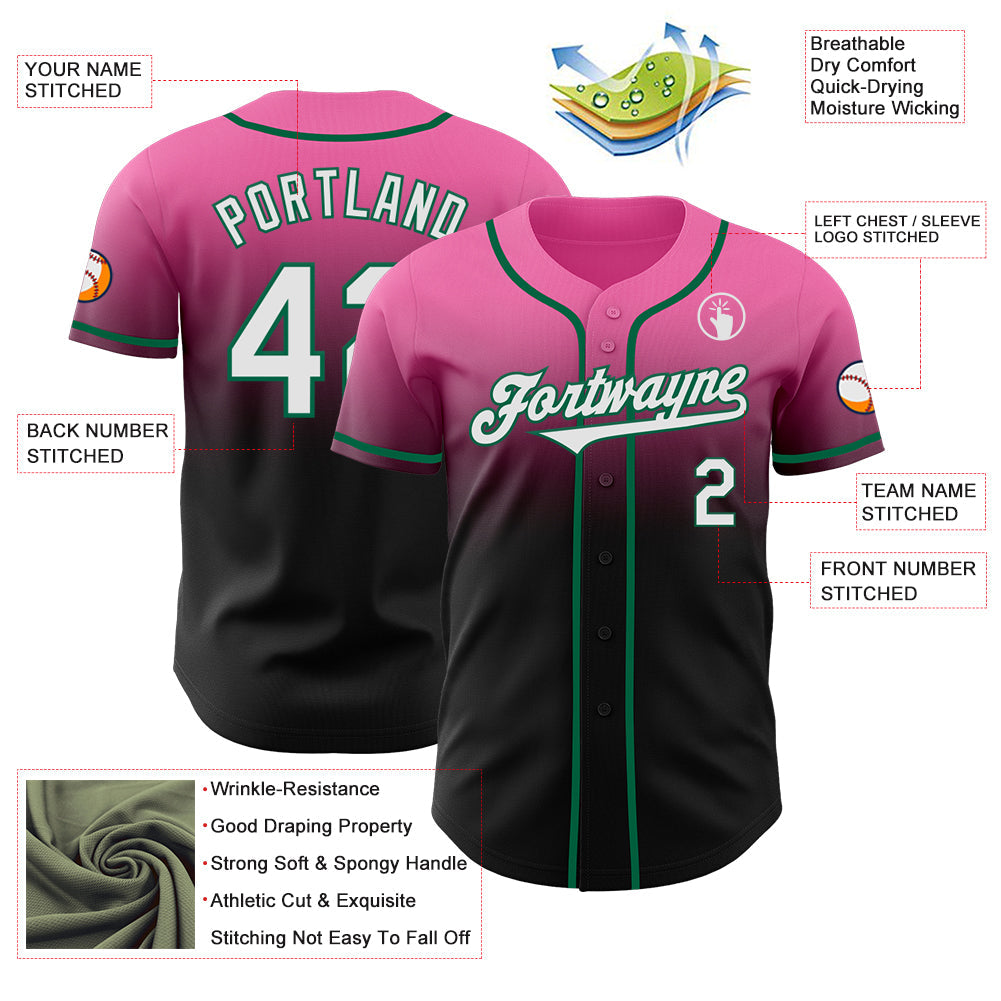 Custom Pink Black-Kelly Green Authentic Fade Fashion Baseball Jersey