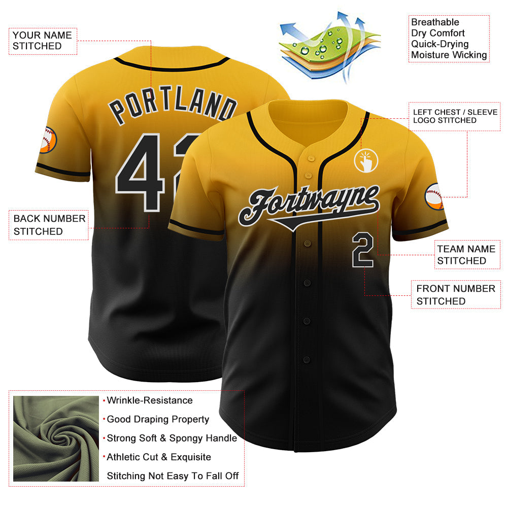 Custom Gold Black-White Authentic Fade Fashion Baseball Jersey