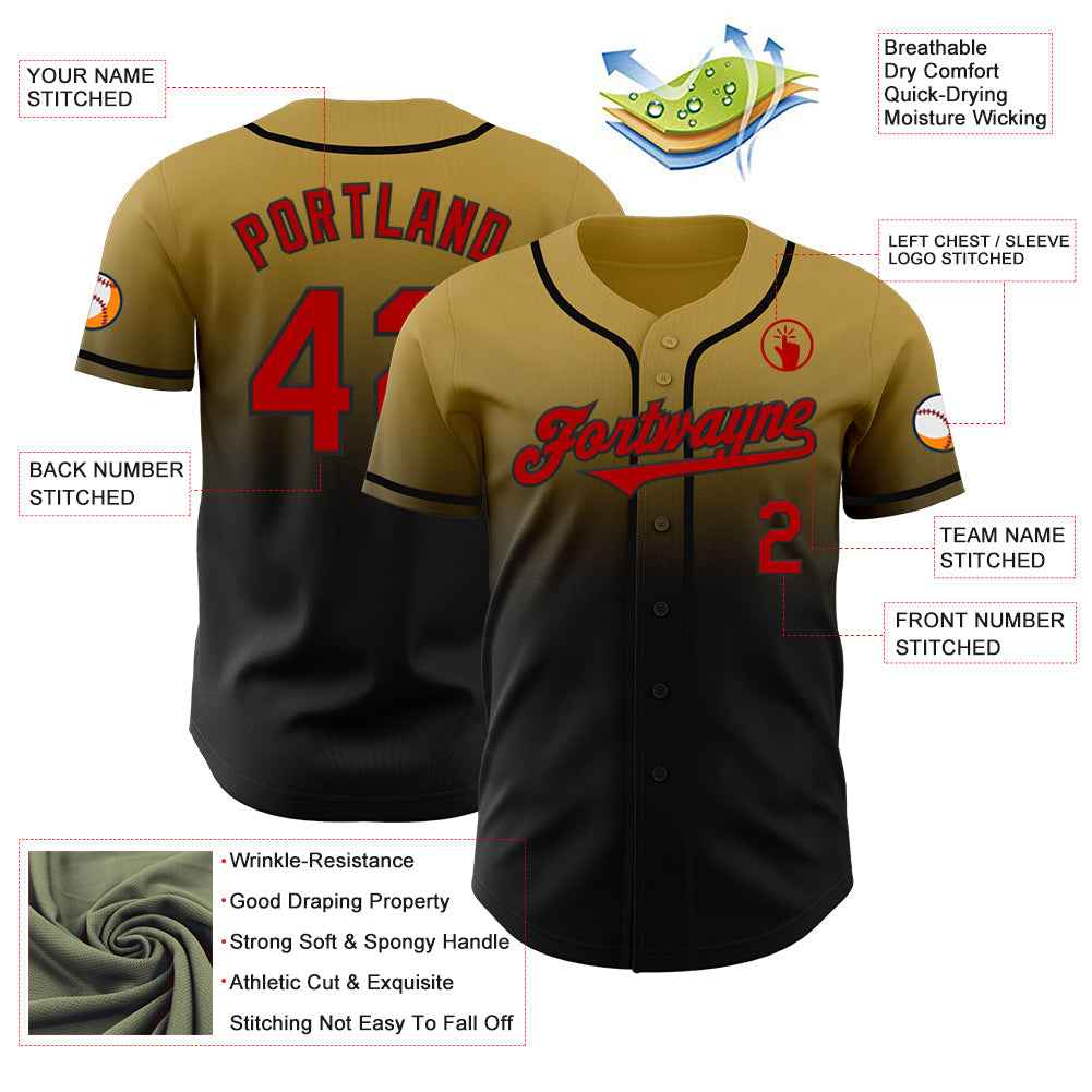 Custom Old Gold Red-Black Authentic Fade Fashion Baseball Jersey
