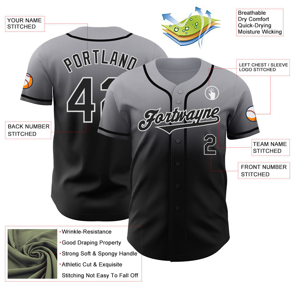 Custom Gray Black-White Authentic Fade Fashion Baseball Jersey