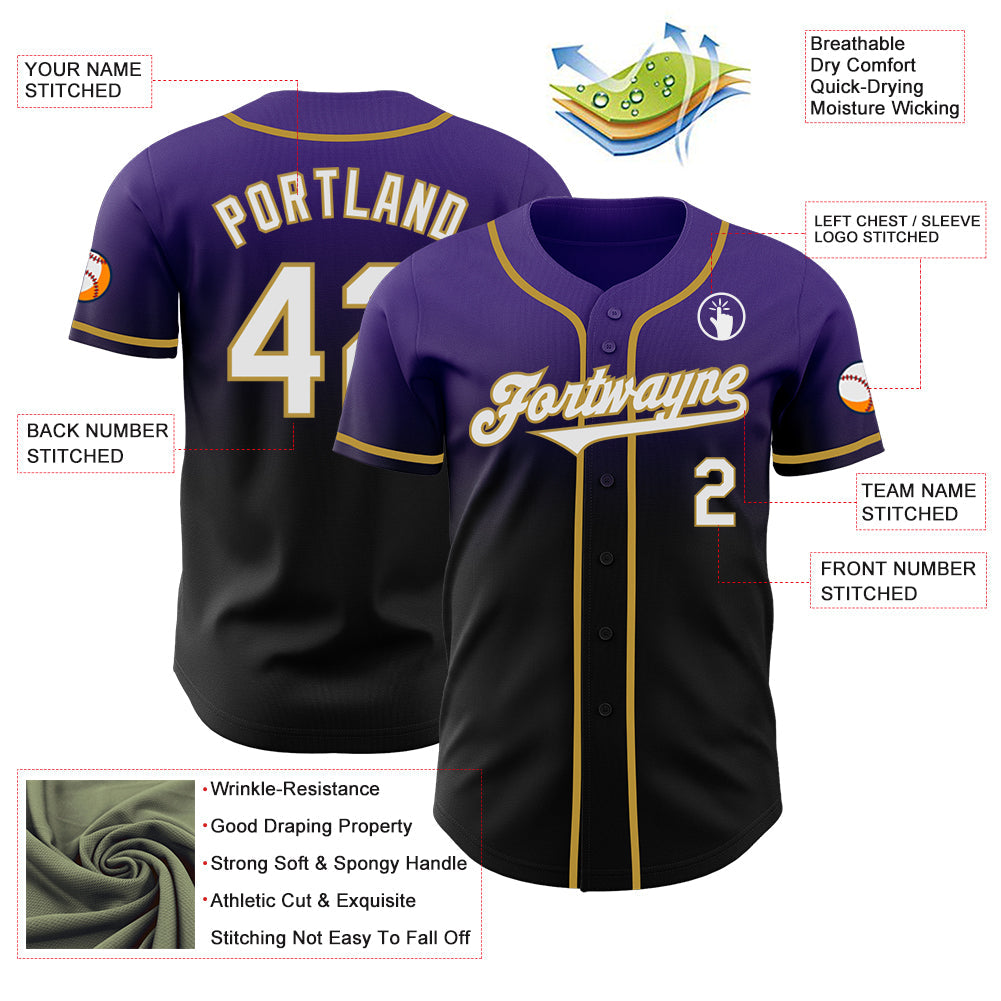Custom Purple Black-Old Gold Authentic Fade Fashion Baseball Jersey