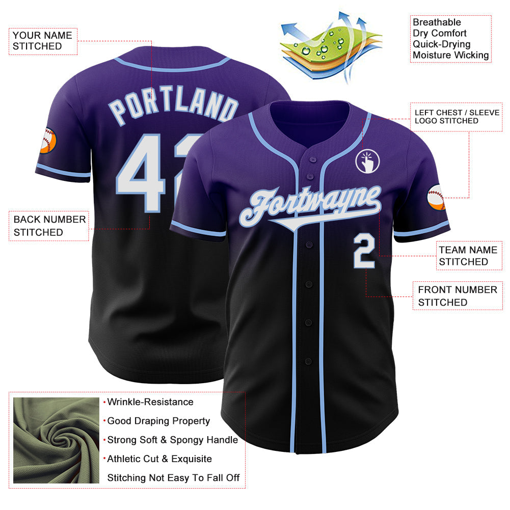 Custom Purple Black-Light Blue Authentic Fade Fashion Baseball Jersey