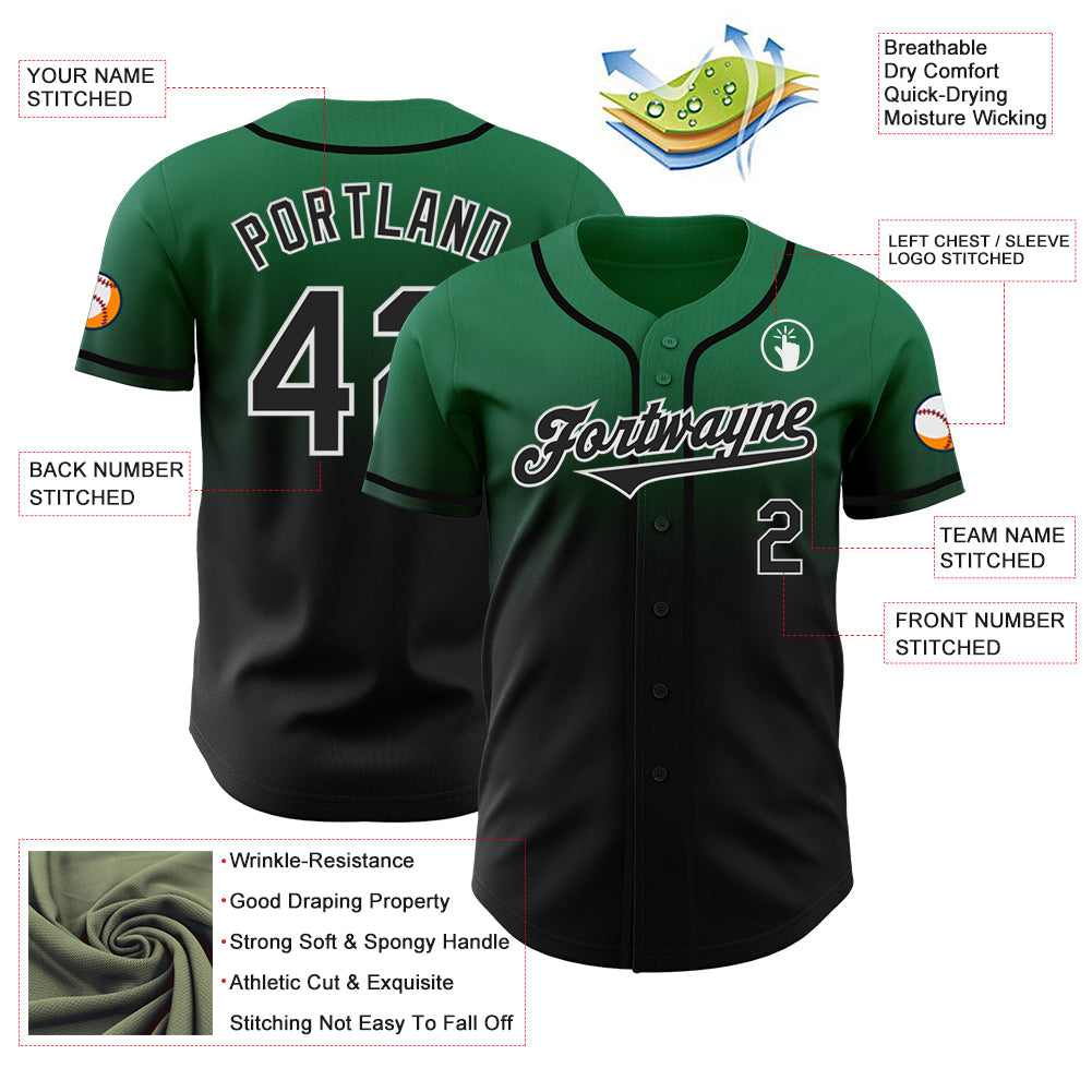 Custom Kelly Green Black-White Authentic Fade Fashion Baseball Jersey
