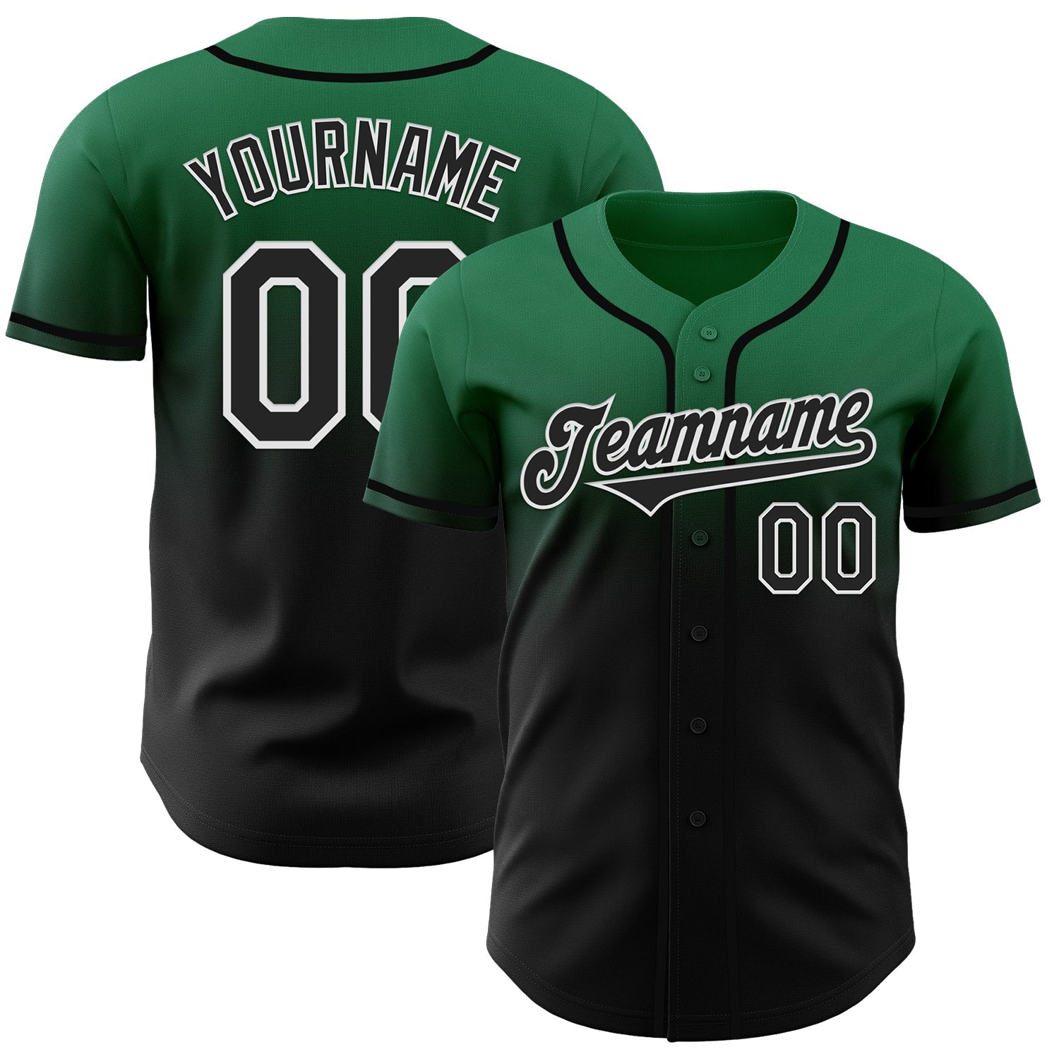 Custom Kelly Green Black-White Authentic Fade Fashion Baseball Jersey