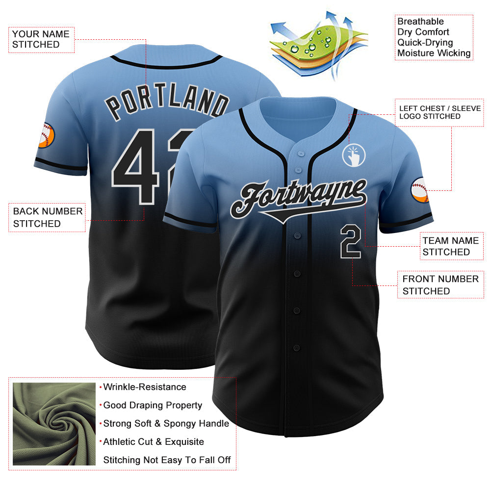 Custom Light Blue Black-White Authentic Fade Fashion Baseball Jersey