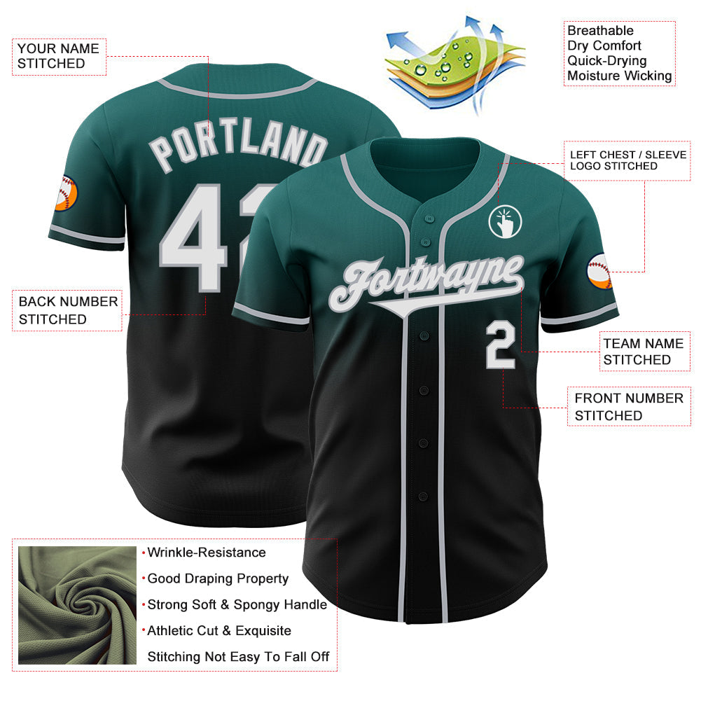 Custom Teal Black-Gray Authentic Fade Fashion Baseball Jersey