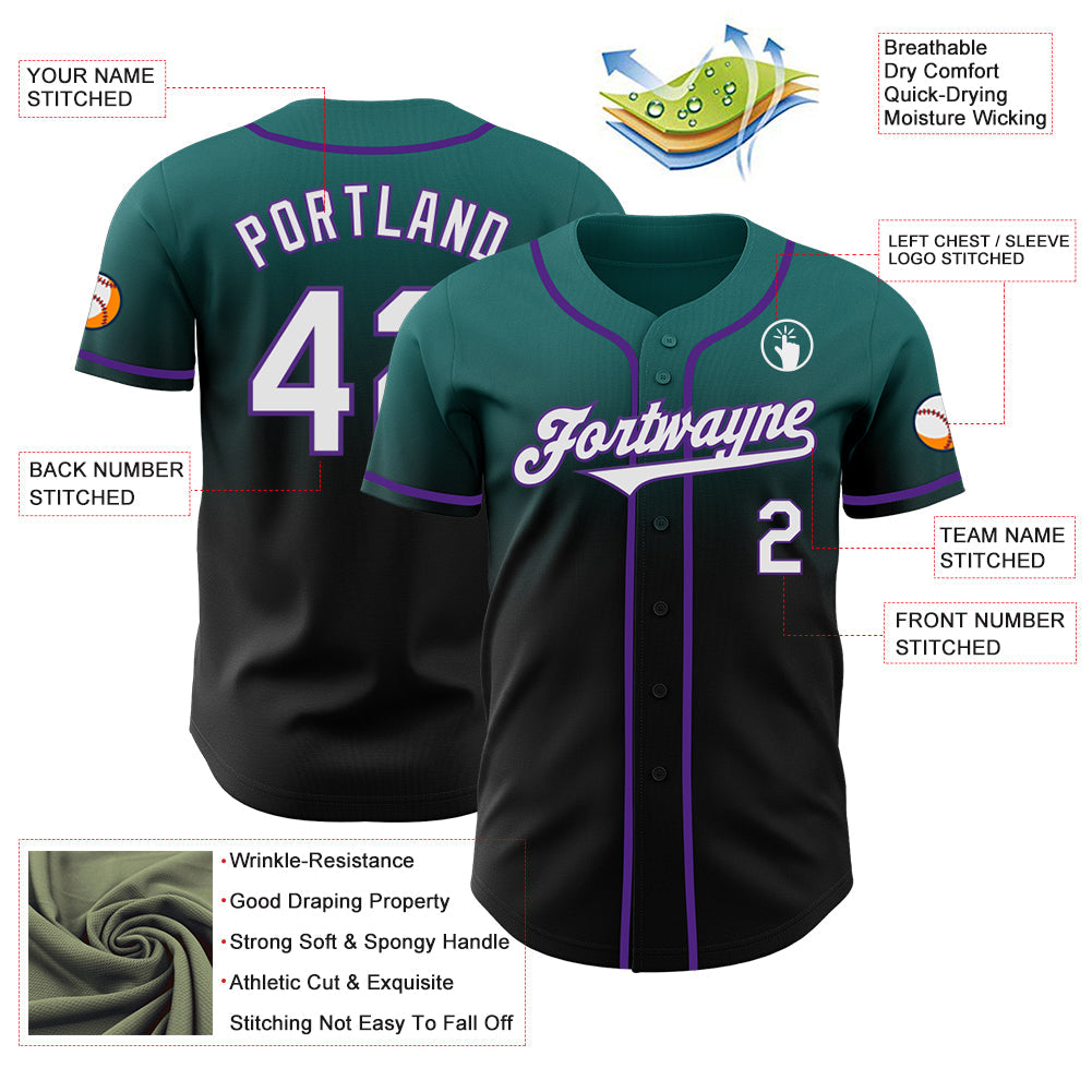 Custom Teal Black-Purple Authentic Fade Fashion Baseball Jersey