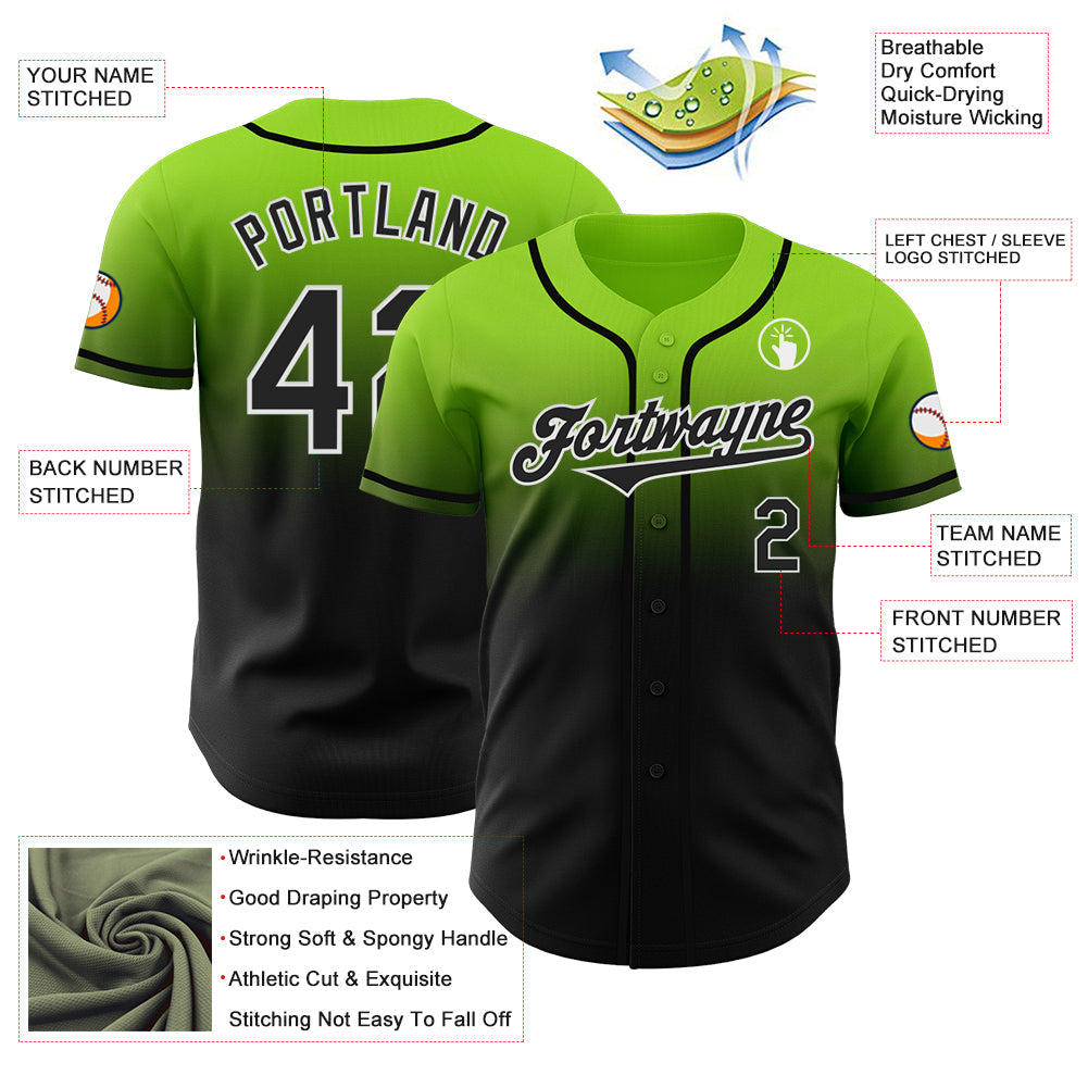 Custom Neon Green Black-White Authentic Fade Fashion Baseball Jersey