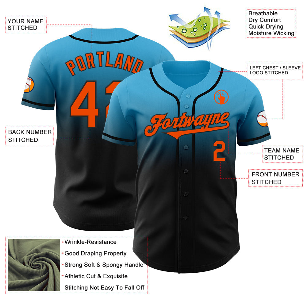 Custom Sky Blue Orange-Black Authentic Fade Fashion Baseball Jersey