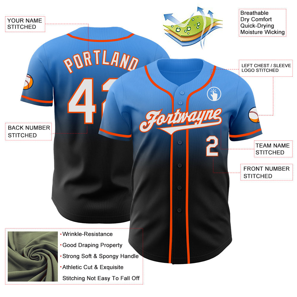 Custom Electric Blue Black-Orange Authentic Fade Fashion Baseball Jersey
