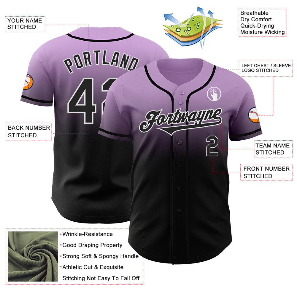 Custom Light Purple Black-White Authentic Fade Fashion Baseball Jersey