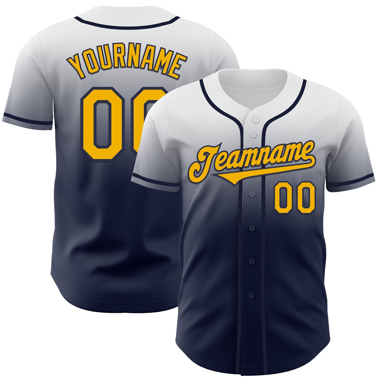 Custom White Gold-Navy Authentic Fade Fashion Baseball Jersey