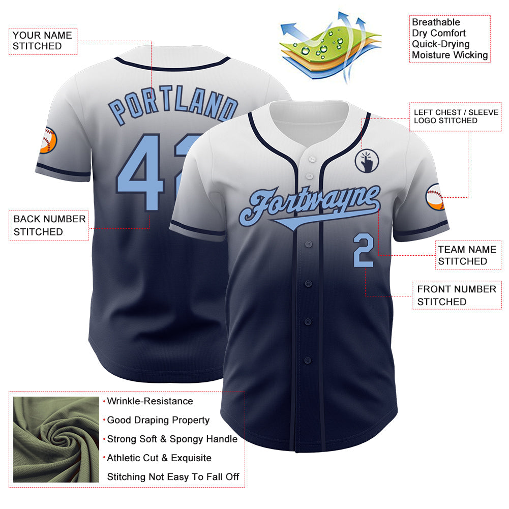 Custom White Light Blue-Navy Authentic Fade Fashion Baseball Jersey
