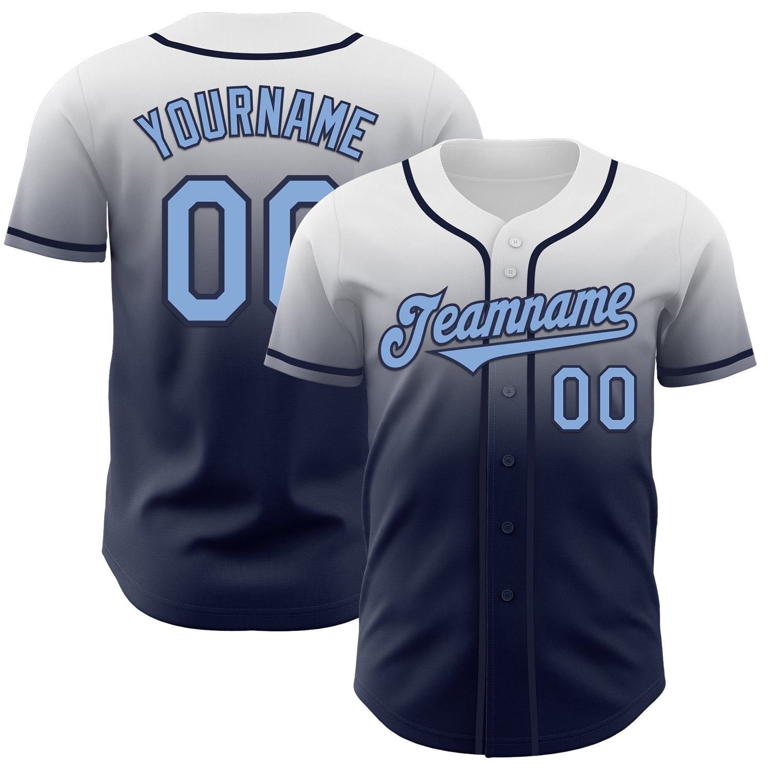 Custom White Light Blue-Navy Authentic Fade Fashion Baseball Jersey