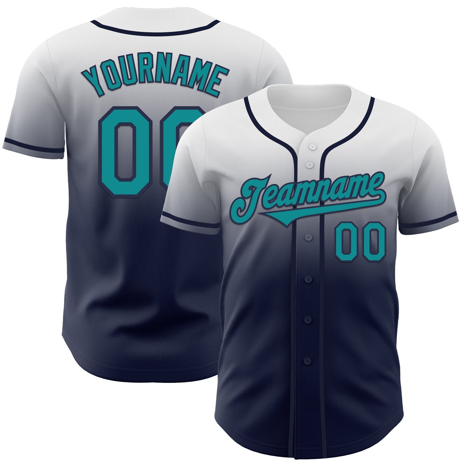 Custom White Teal-Navy Authentic Fade Fashion Baseball Jersey