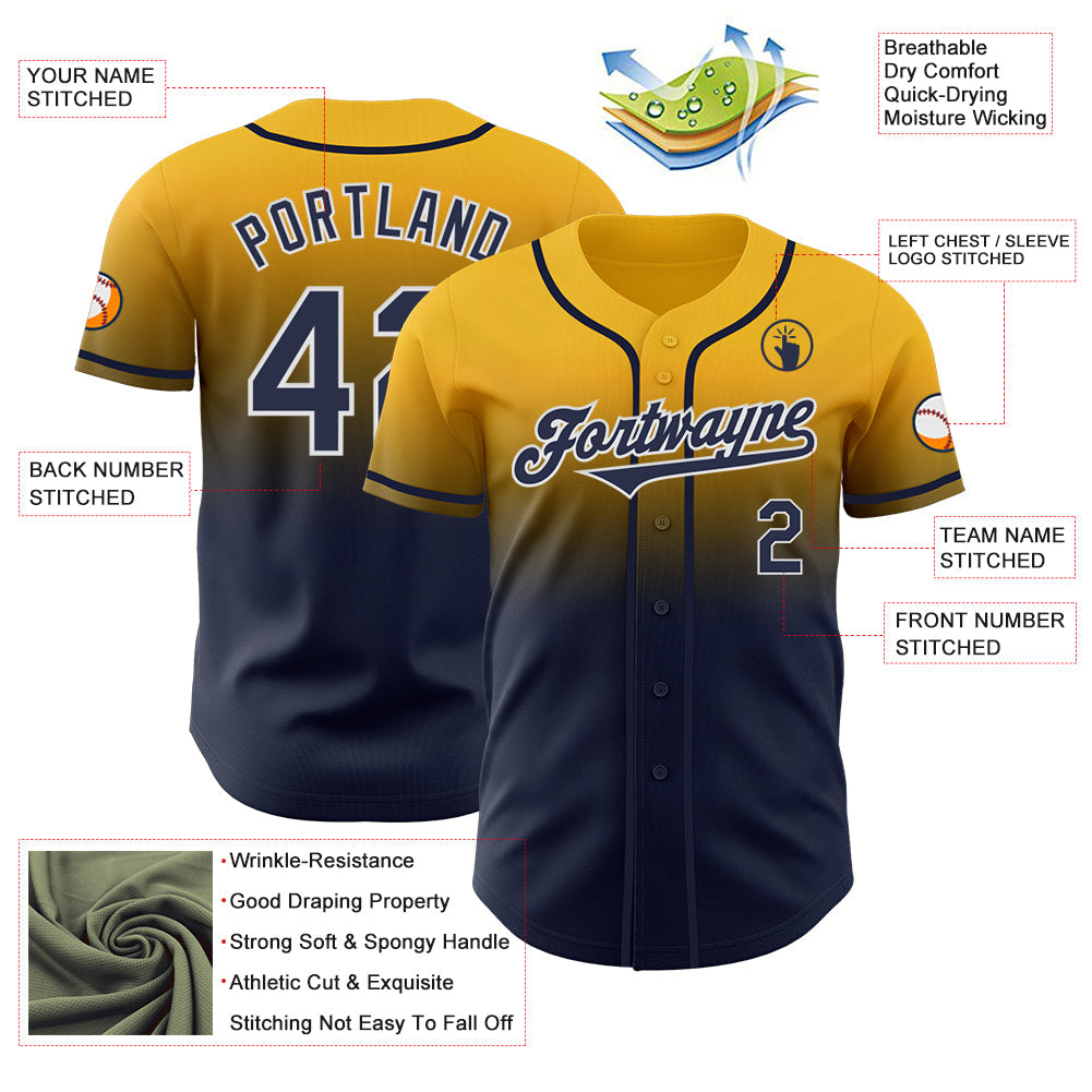 Custom Gold Navy-White Authentic Fade Fashion Baseball Jersey